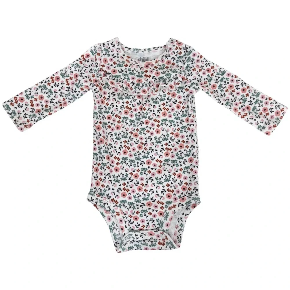 Carter’s Child Of Mine Pink Green White Boho Floral Ruffle Long Sleeve Bodysuit